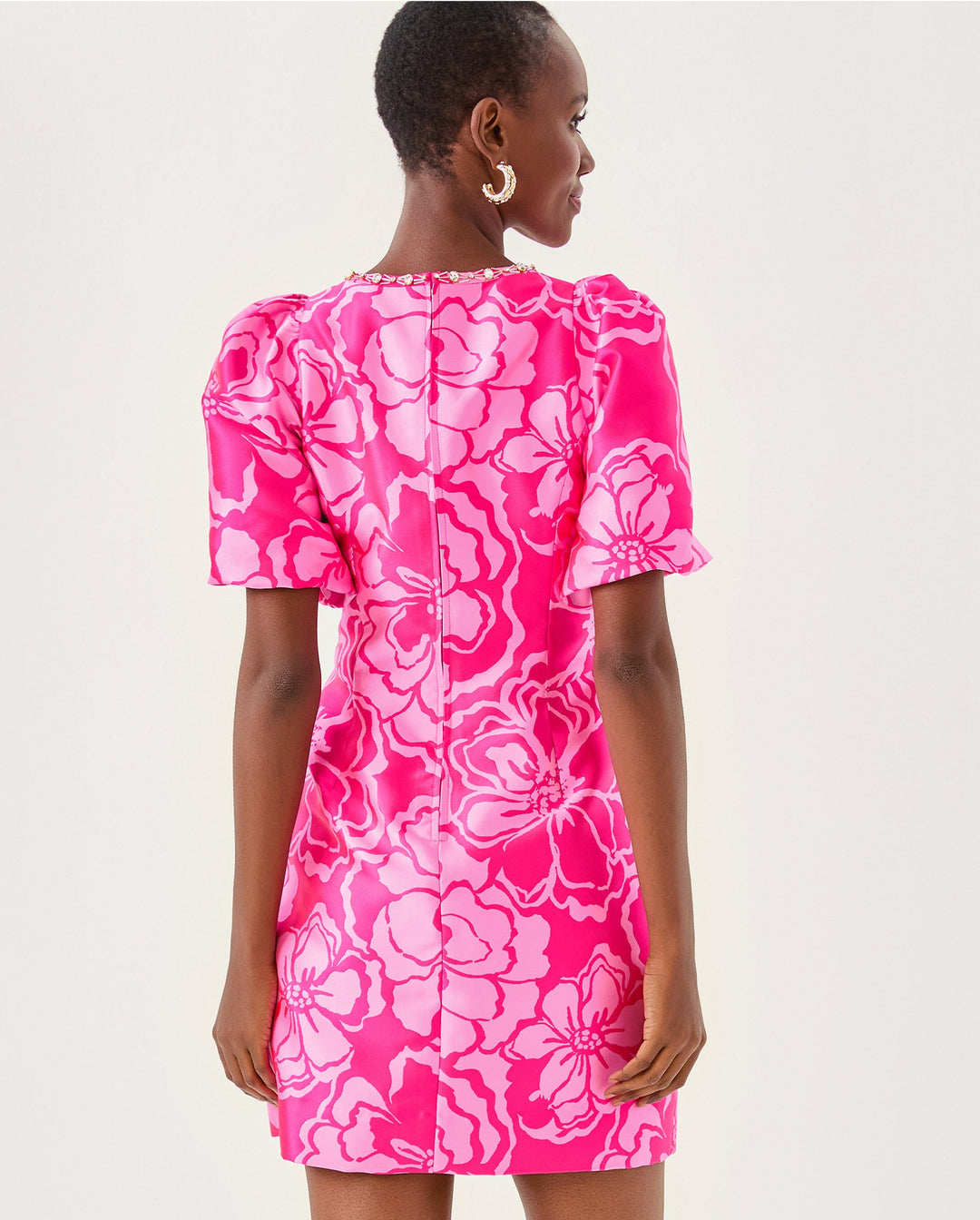 Britnee Jacquard Shift Dress - Parigi Pink Go Big Satin Jacquard