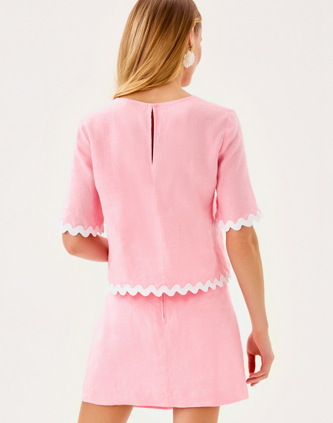 Nik Ric Rac Trim Short Sleeve Cropped Top - Conch Shell Pink