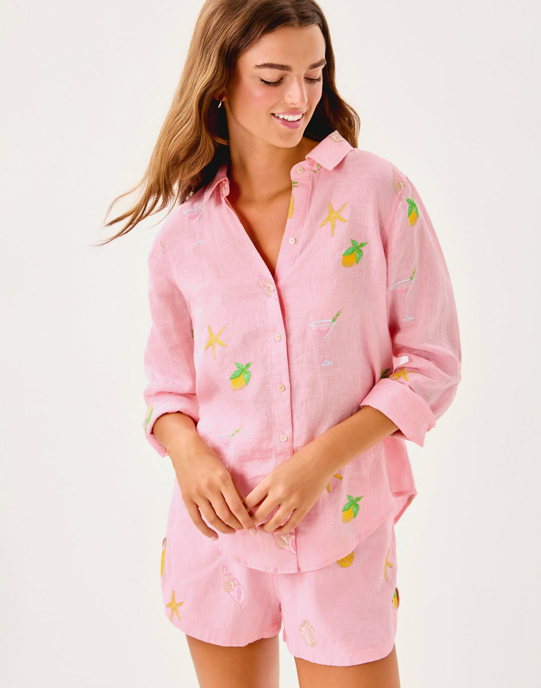 Sea View Linen Button Down Top - Conch Shell Pink Happy Hour