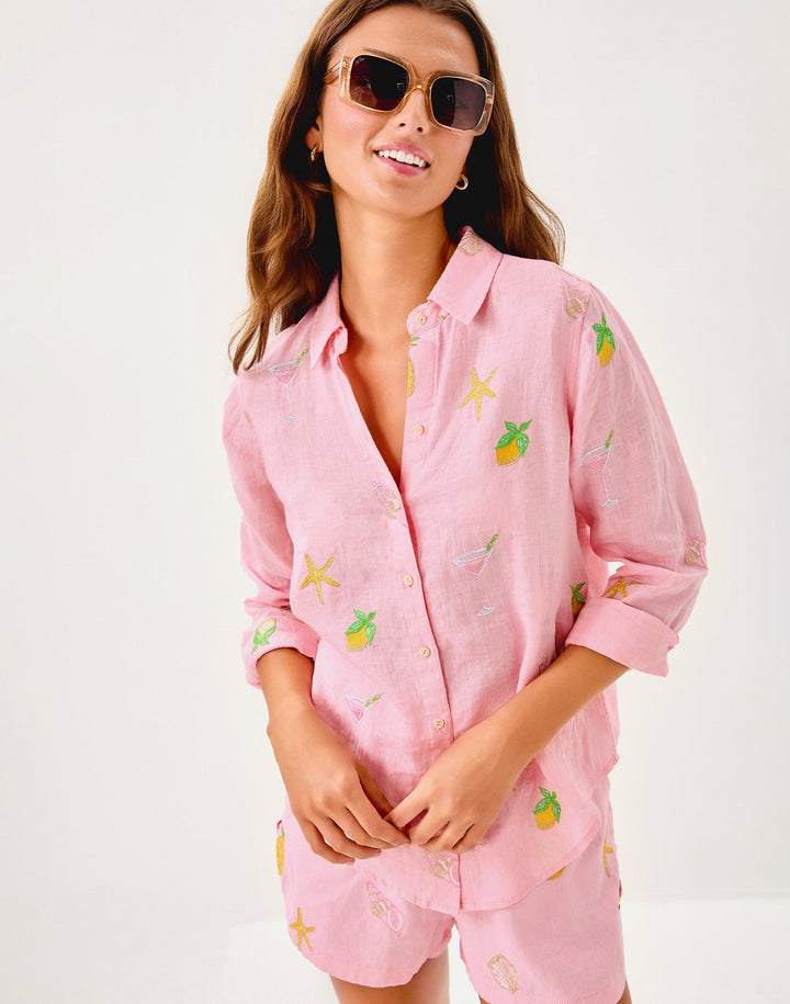 Sea View Linen Button Down Top - Conch Shell Pink Happy Hour