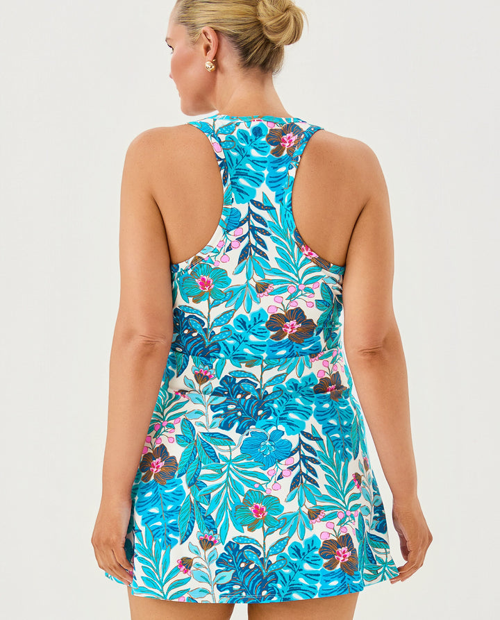 UPF 50+ Luxletic Forehand Active Dress - Breezy Aqua Best Fronds Forever
