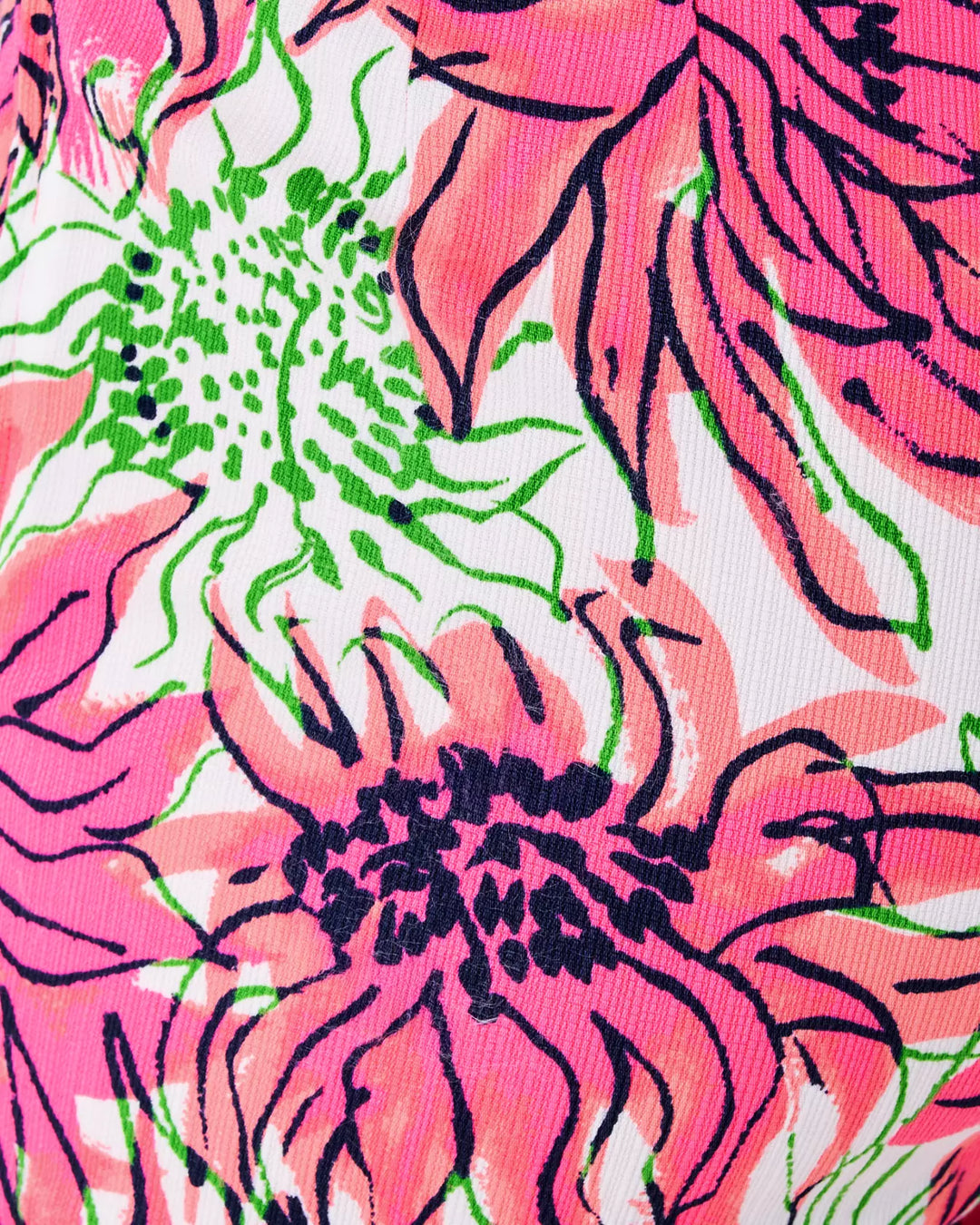Close-up of a floral pattern with pink, green, and black colors on a white background.
