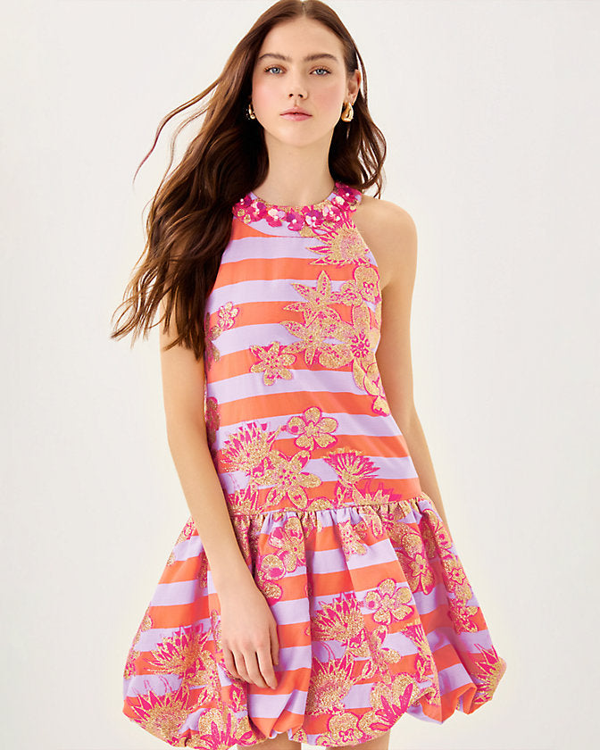 Ashlynn Dress - Papaya Metallic Floral Stripe Jacquard