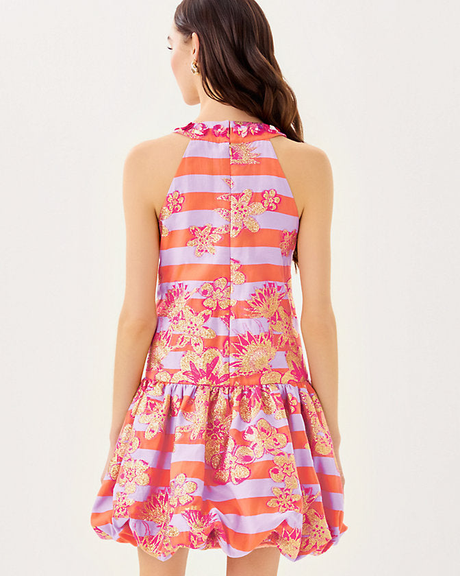 Ashlynn Dress - Papaya Metallic Floral Stripe Jacquard