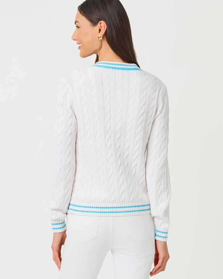 Brockton Crew Neck Cardigan - Resort White X Capri Blue Tipping