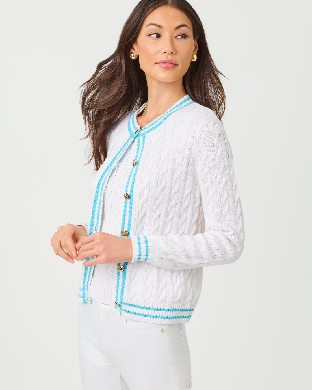 Brockton Crew Neck Cardigan - Resort White X Capri Blue Tipping