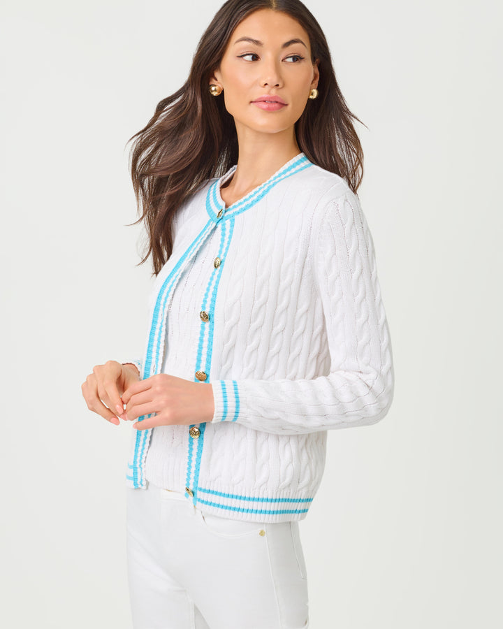 Brockton Crew Neck Cardigan - Resort White X Capri Blue Tipping