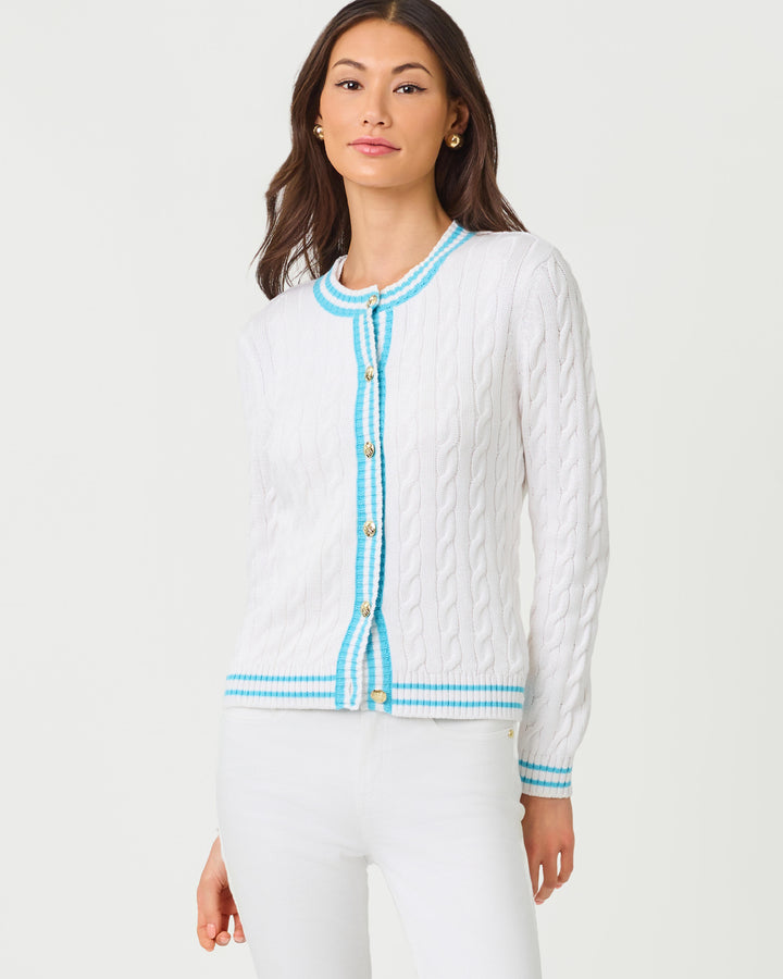 Brockton Crew Neck Cardigan - Resort White X Capri Blue Tipping