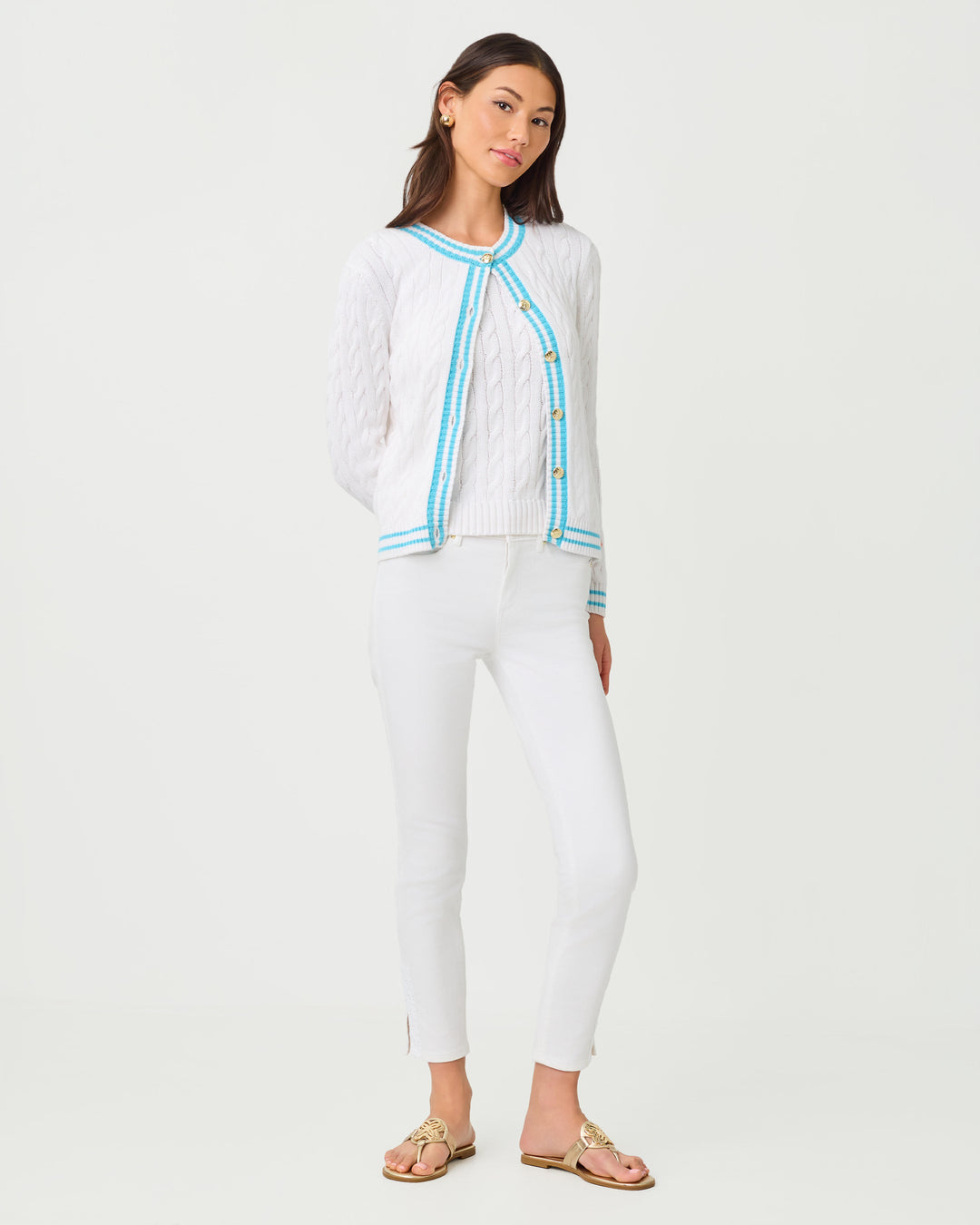 Brockton Crew Neck Cardigan - Resort White X Capri Blue Tipping