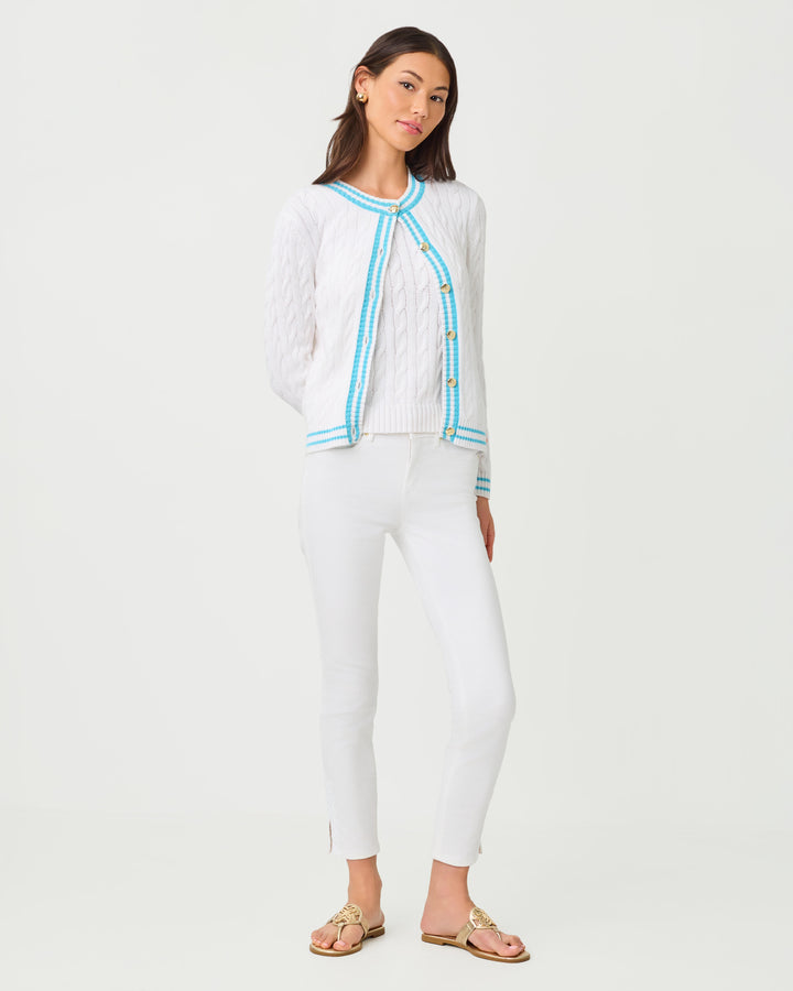 Brockton Crew Neck Cardigan - Resort White X Capri Blue Tipping
