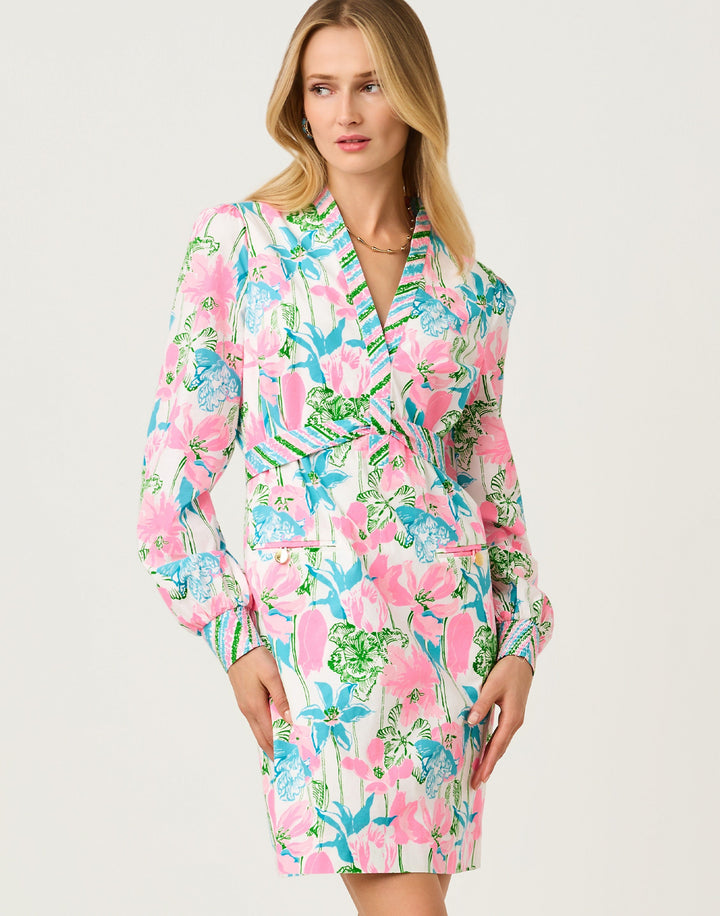 Phillipa V-Neck Stretch Dress - Resort White Viney Liney