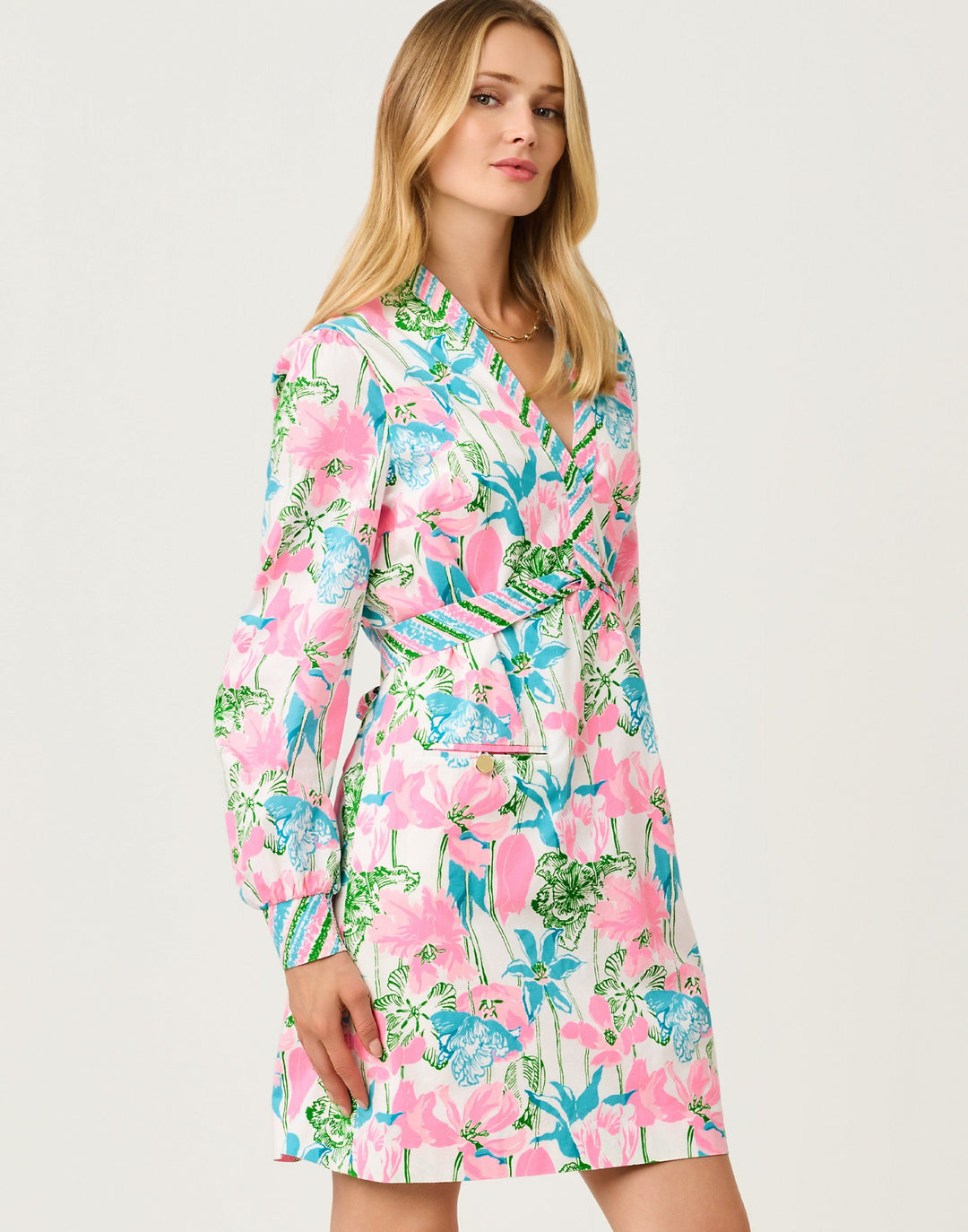 Phillipa V-Neck Stretch Dress - Resort White Viney Liney