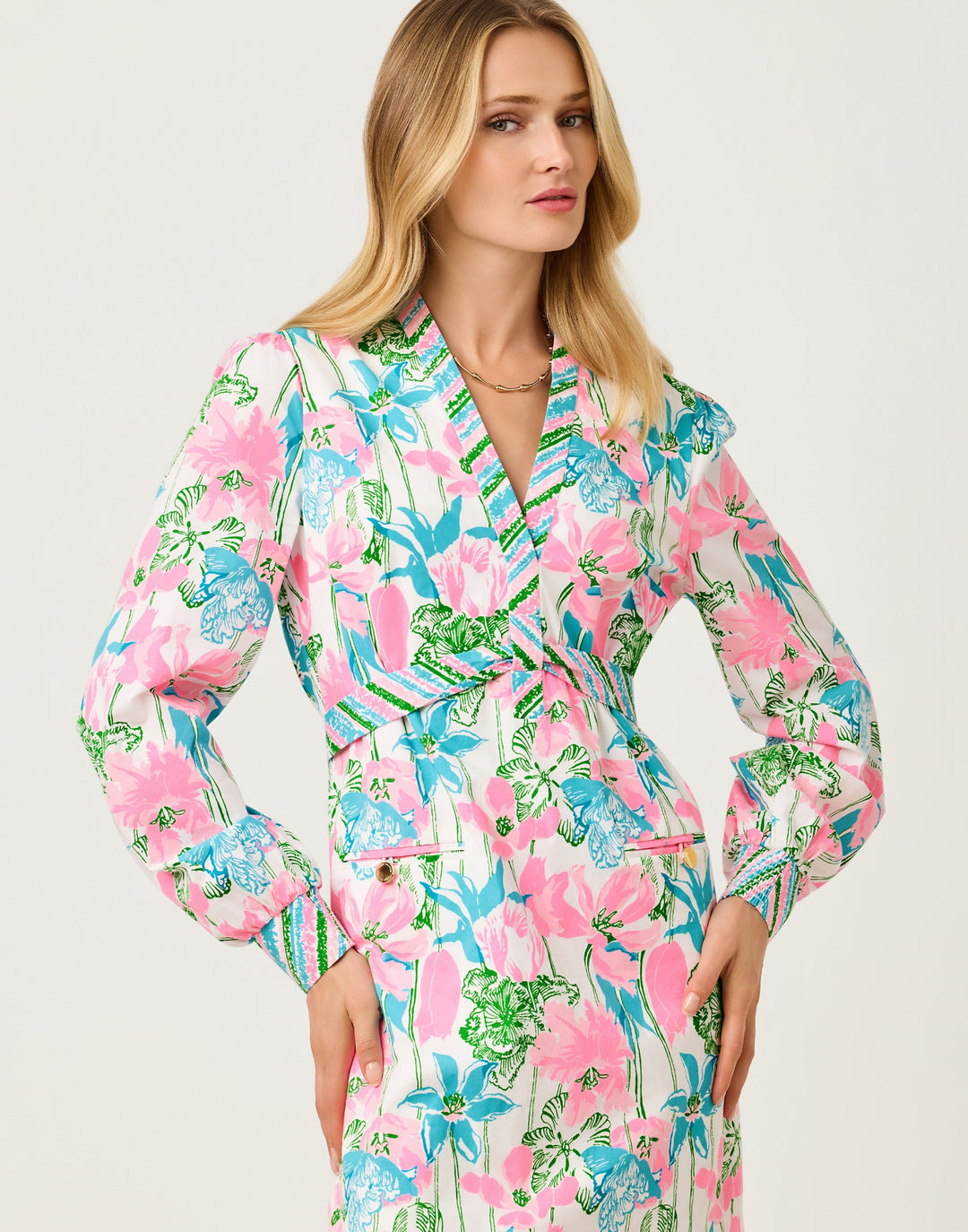 Phillipa V-Neck Stretch Dress - Resort White Viney Liney