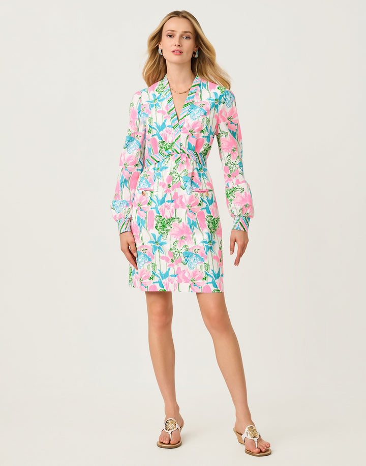 Phillipa V-Neck Stretch Dress - Resort White Viney Liney