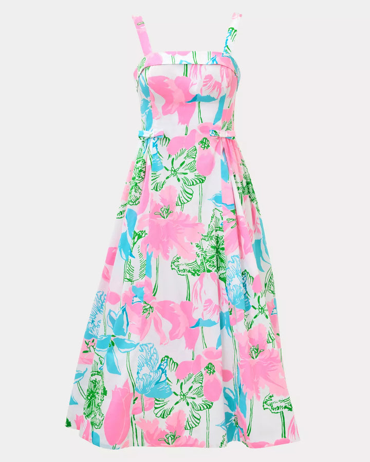 Floral dress with pink and blue flowers on a white background