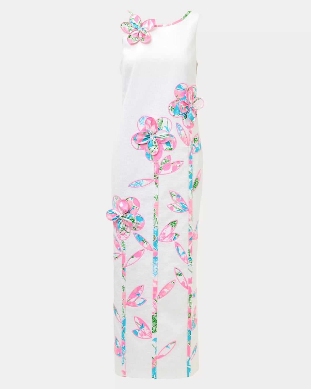 White dress with colorful floral pattern on a white background