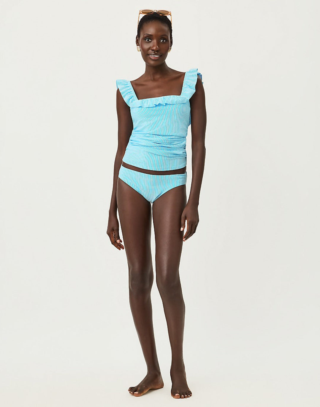 Aemma Ruffle Tankini Top - Capri Blue Seersucker
