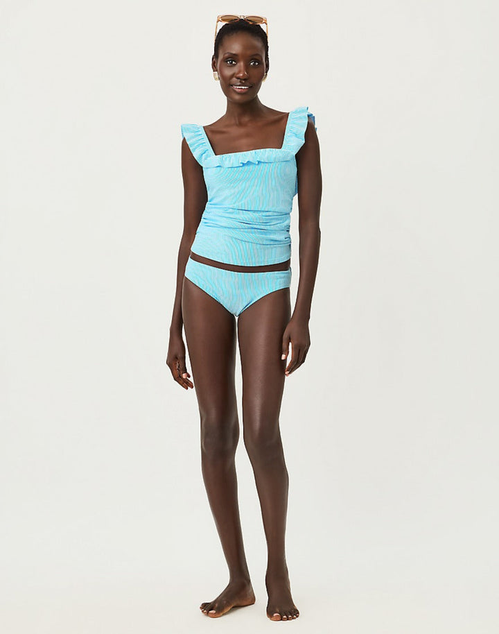 Aemma Ruffle Tankini Top - Capri Blue Seersucker