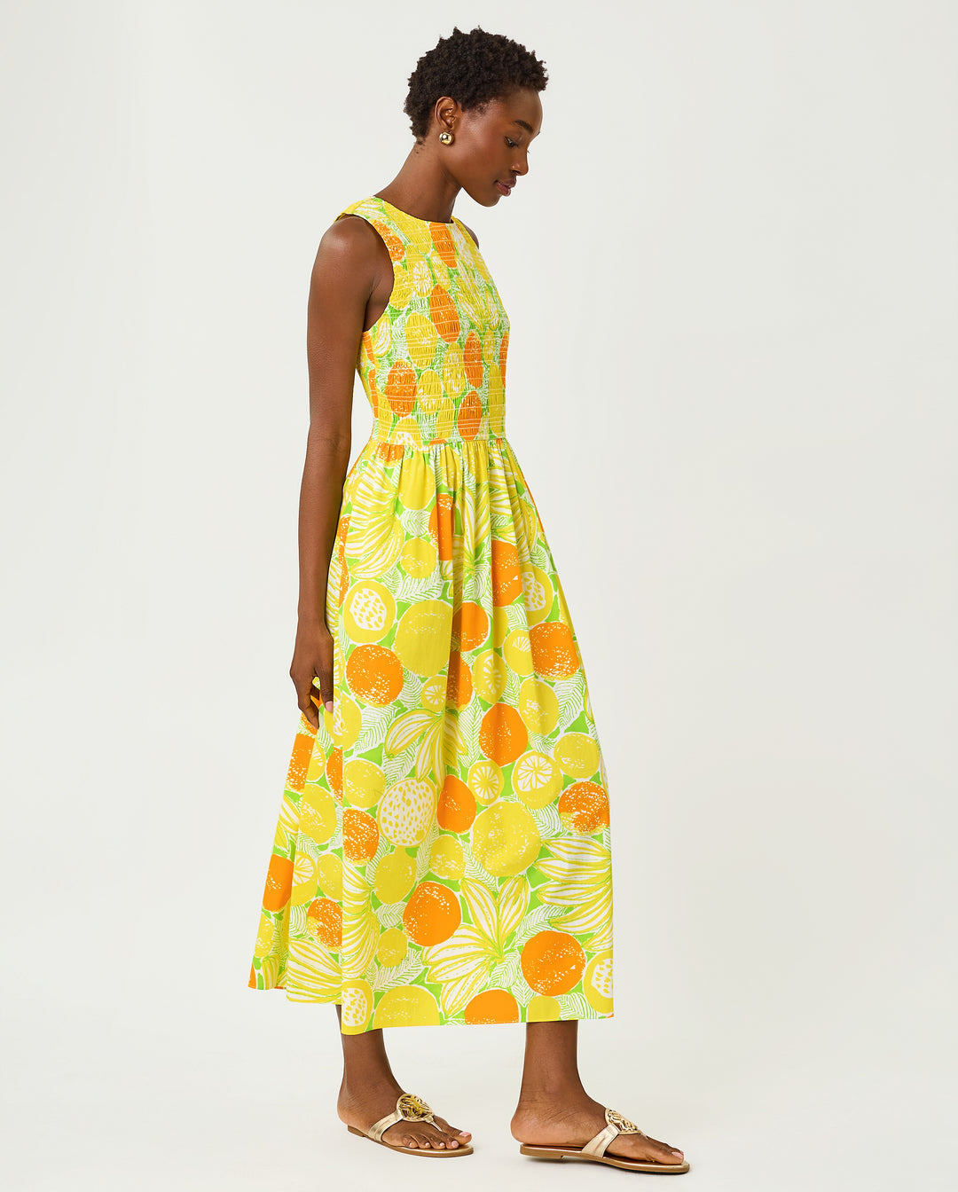 Daisey Smocked Midi Dress - Island Palm Oversized Zesty