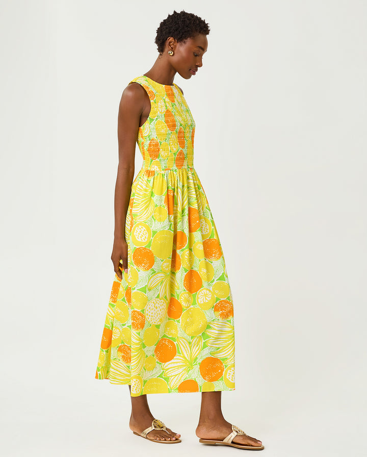 Daisey Smocked Midi Dress - Island Palm Oversized Zesty