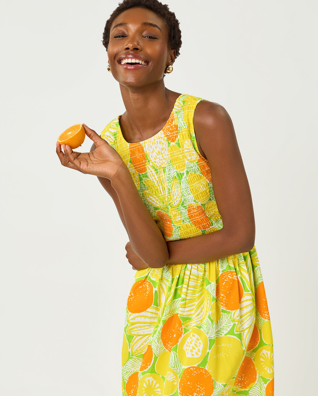 Daisey Smocked Midi Dress - Island Palm Oversized Zesty