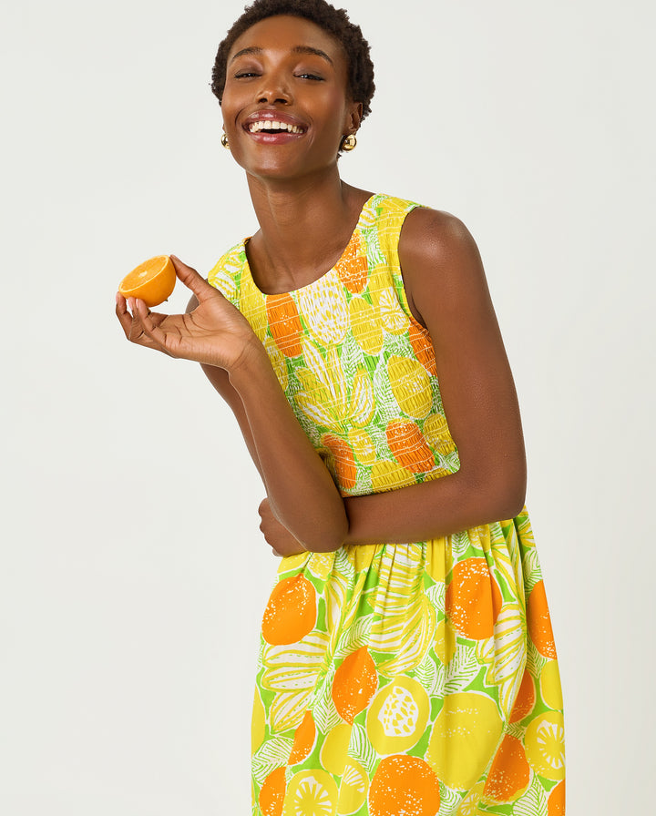 Daisey Smocked Midi Dress - Island Palm Oversized Zesty