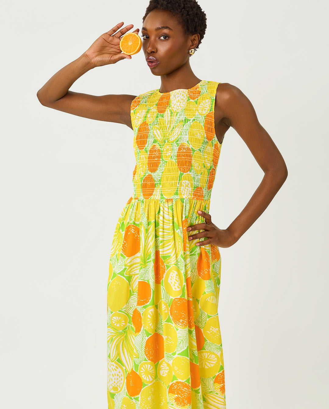 Daisey Smocked Midi Dress - Island Palm Oversized Zesty