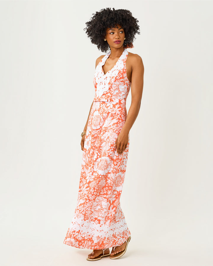 Belinda Halter Maxi Dress - Sunset Orange Budding Romance