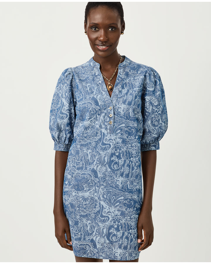 Mialeigh Elbow Sleeve Dress - Indigo All Day Chambray Paisley Parade