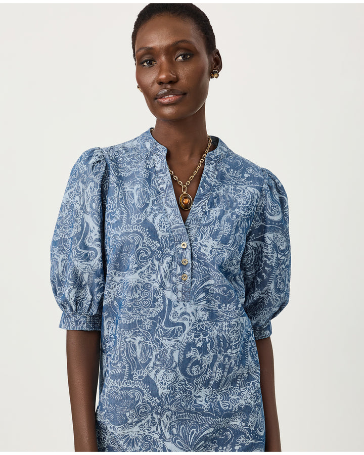 Mialeigh Elbow Sleeve Dress - Indigo All Day Chambray Paisley Parade