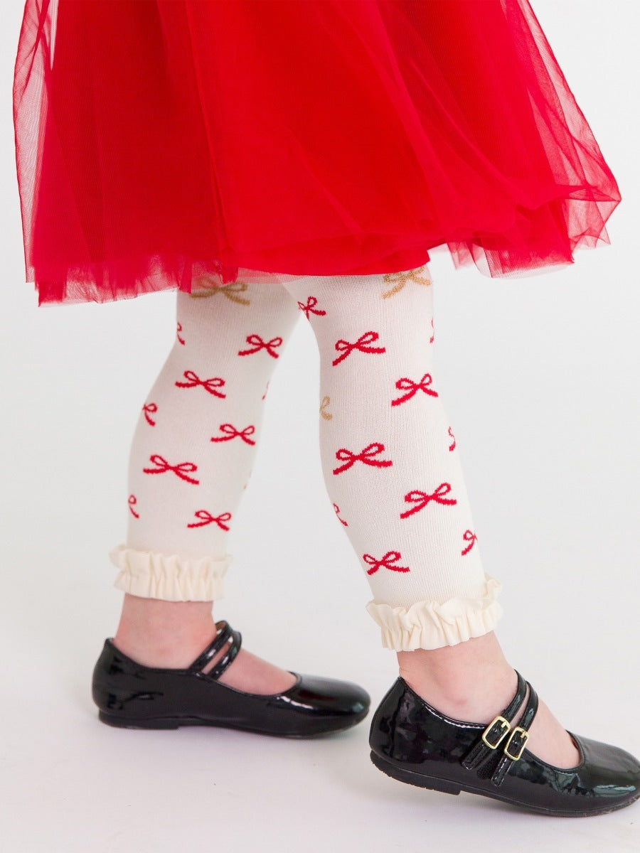 Patterned Footless Ruffle Tights - Red Sparkle Bow