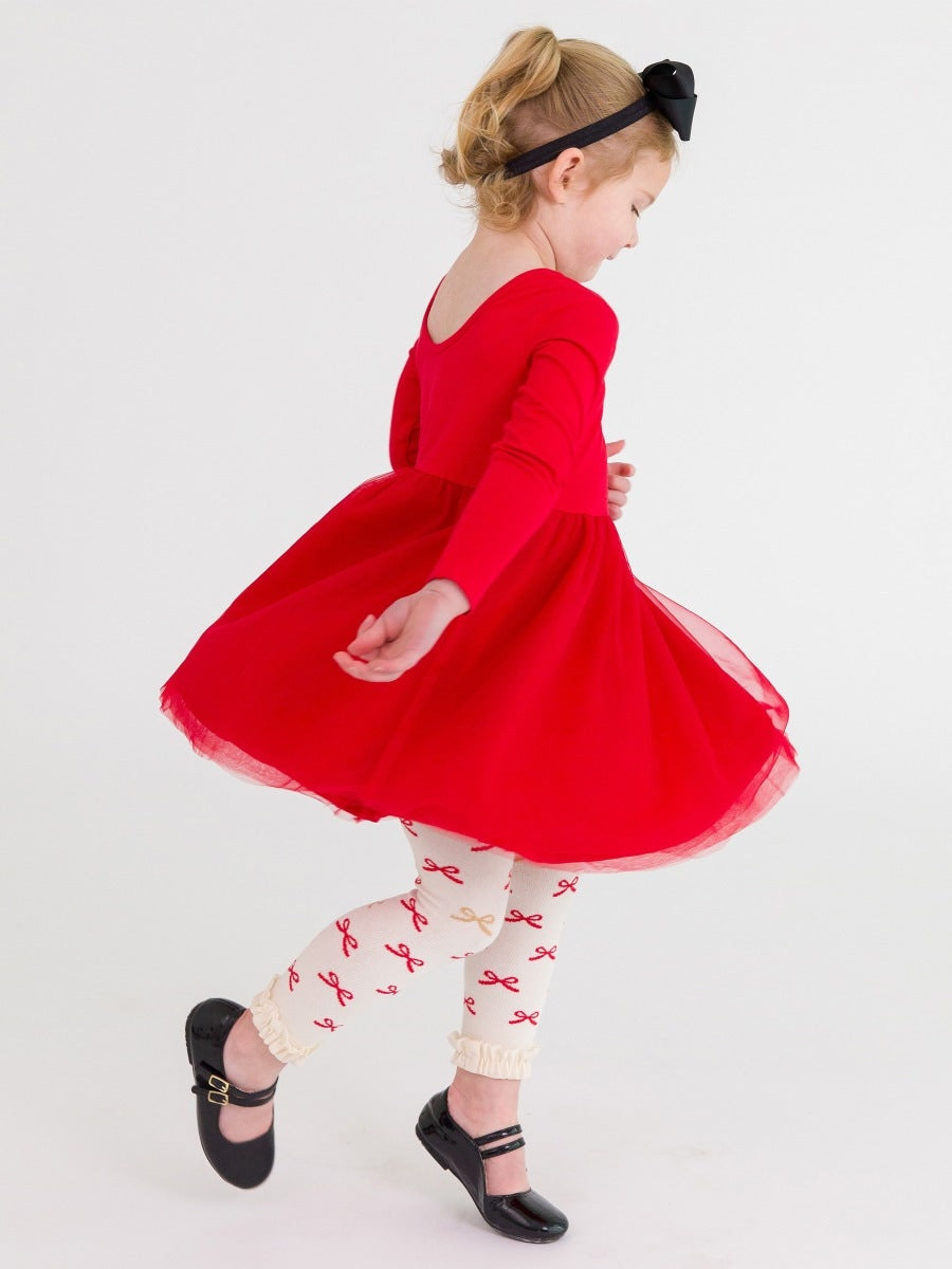 Patterned Footless Ruffle Tights - Red Sparkle Bow