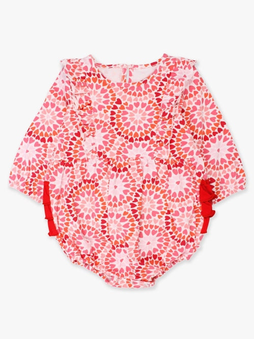 Long Sleeve Waterfall Knit Bubble Romper - Pink Kaleidoscope Hearts