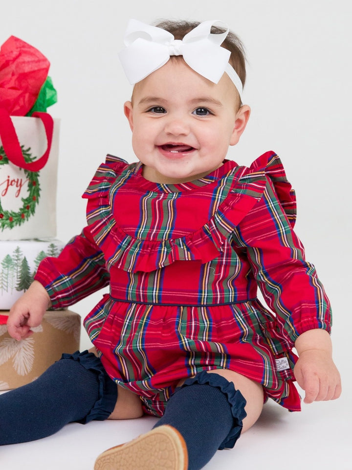 Long Sleeve Ruffle Trim Bubble Romper - Tis The Season Plaid