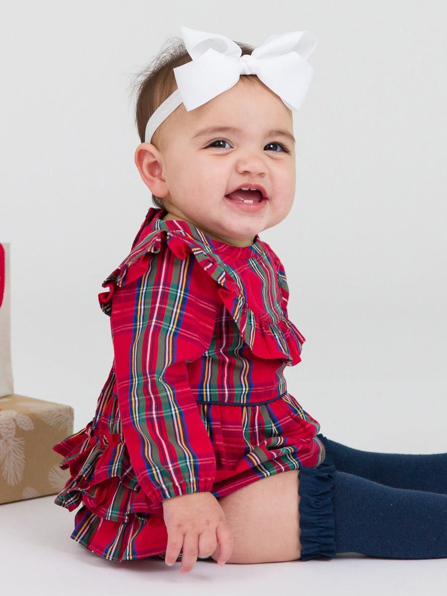 Long Sleeve Ruffle Trim Bubble Romper - Tis The Season Plaid