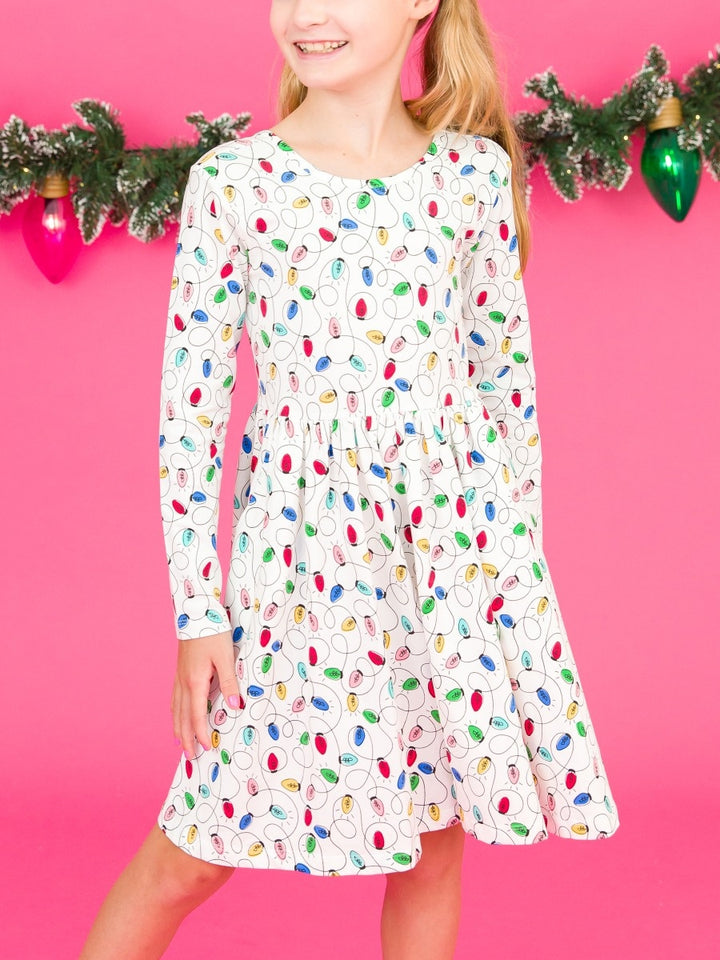 Knit Long Sleeve Twirl Dress - Holiday Lights