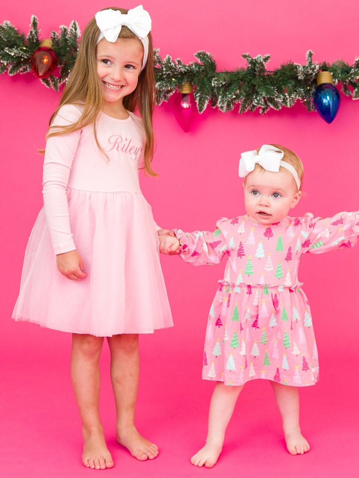 Knit Long Sleeve Skirted Romper - Merry Pink Pines