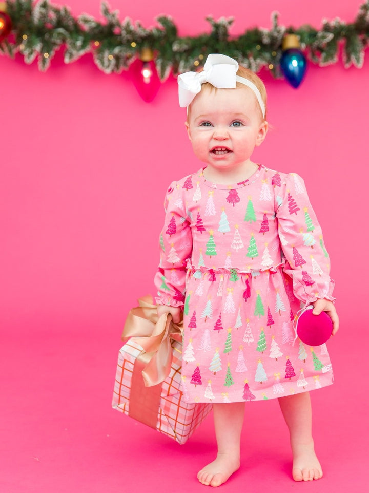 Knit Long Sleeve Skirted Romper - Merry Pink Pines