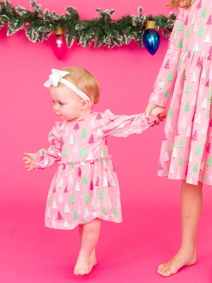 Knit Long Sleeve Skirted Romper - Merry Pink Pines