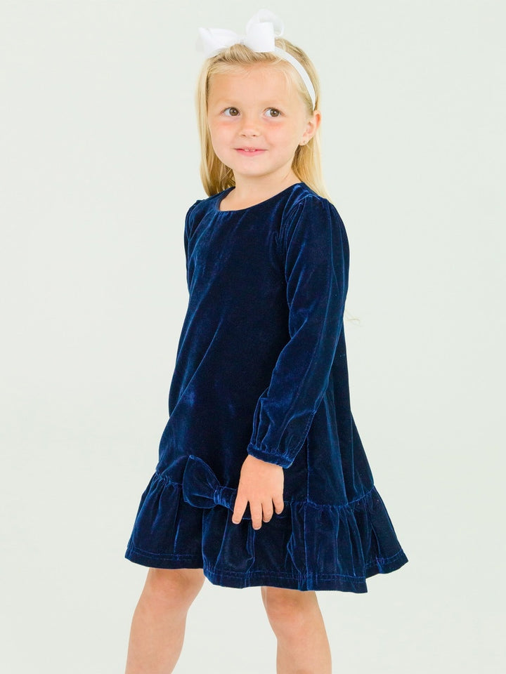 Velvet Long Sleeve Drop Waist Dress - Dark Navy