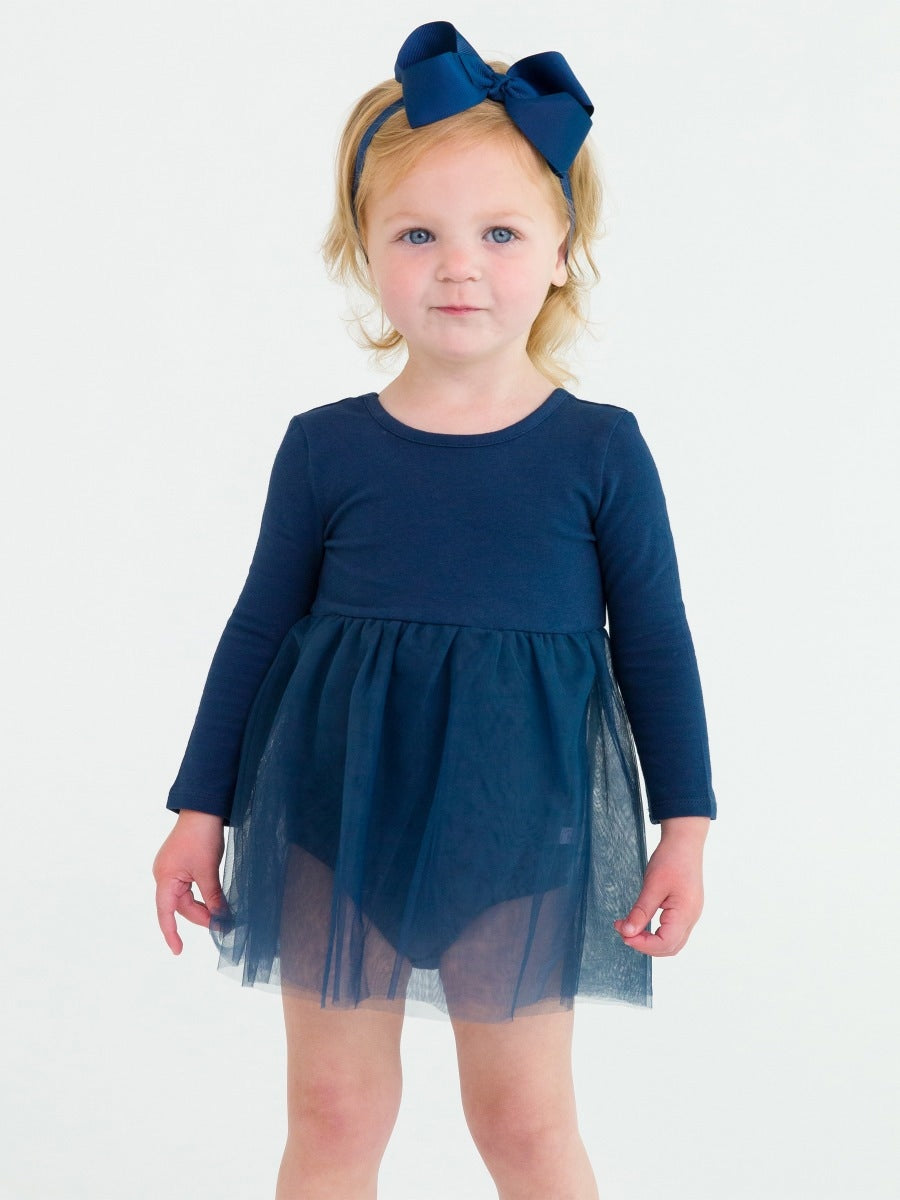 Long Sleeve Tulle Skirted Romper - Dark Navy