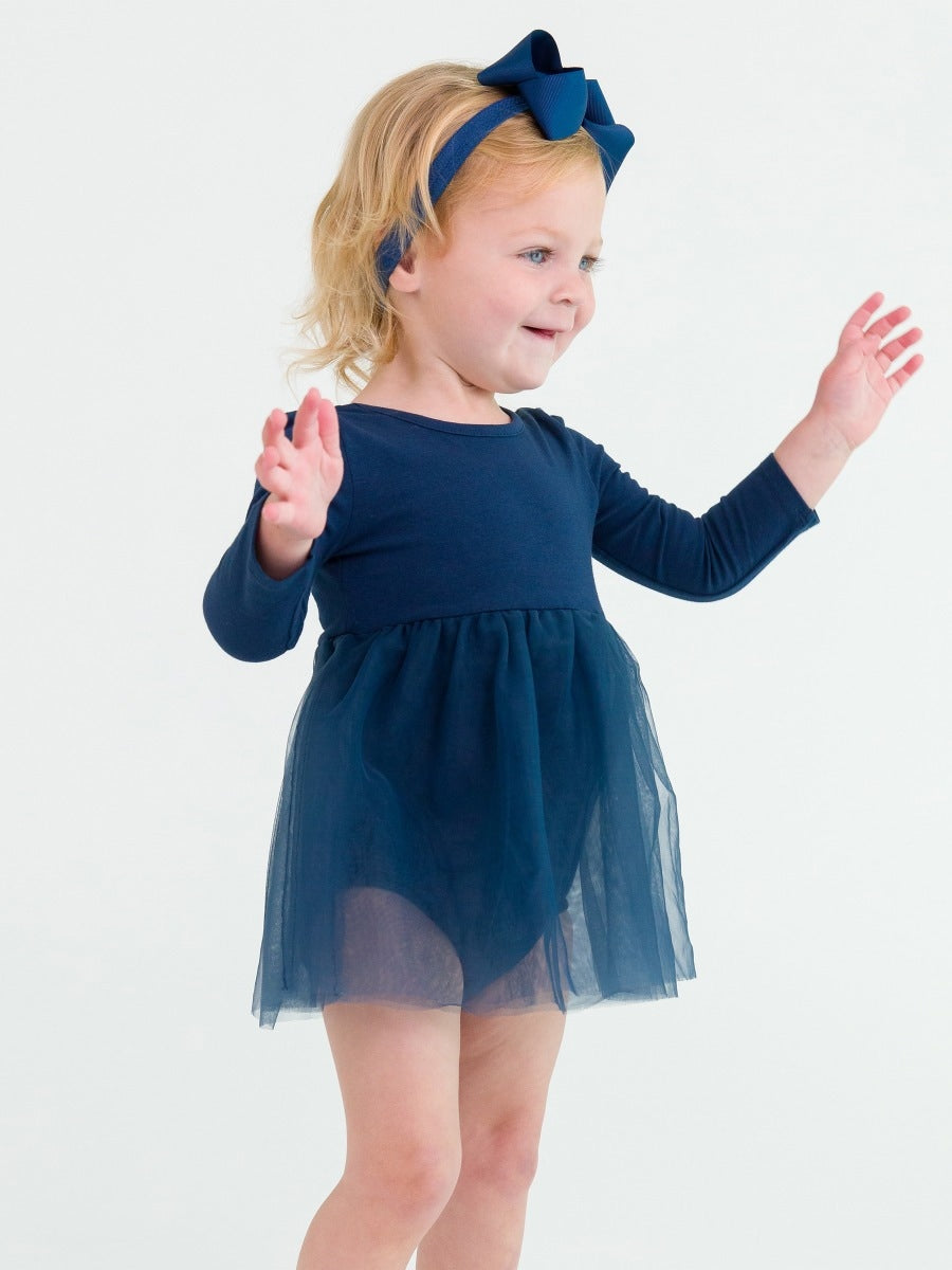 Long Sleeve Tulle Skirted Romper - Dark Navy
