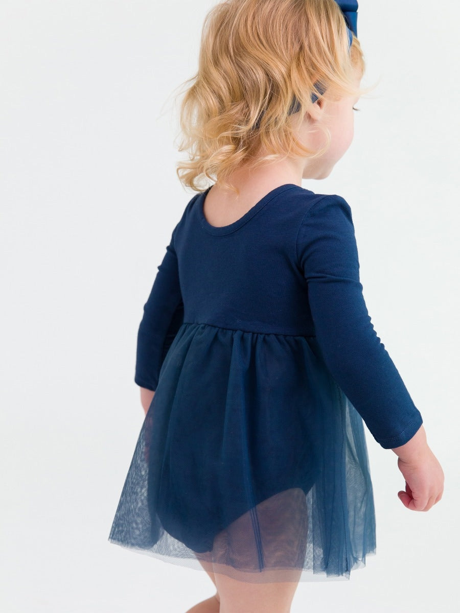 Long Sleeve Tulle Skirted Romper - Dark Navy