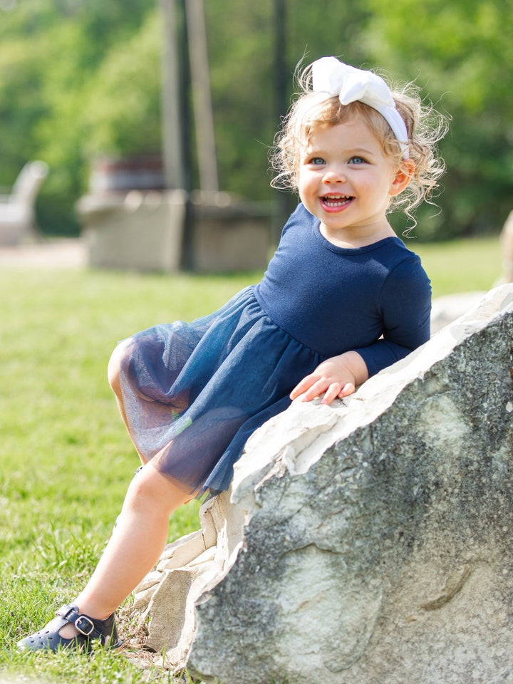 Long Sleeve Tulle Skirted Romper - Dark Navy