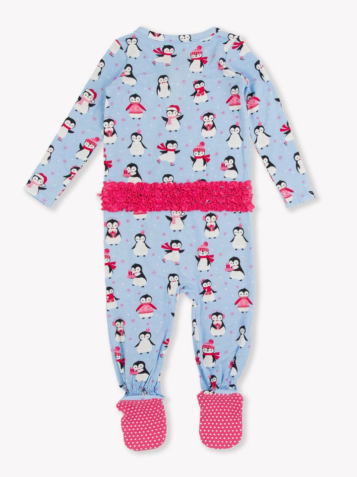 Ruffle One Piece Footie Pajamas - Pink Penguin Party