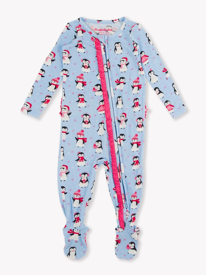 Ruffle One Piece Footie Pajamas - Pink Penguin Party