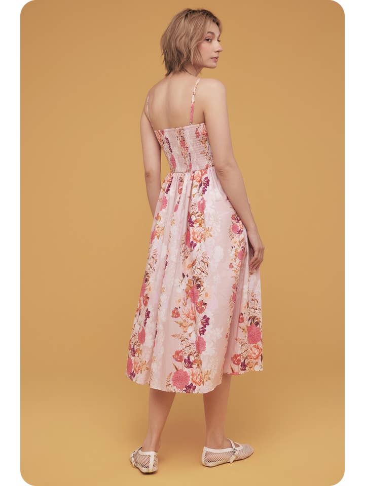 Romantic Floral Print Ruched Pleating Midi Dress - Pink Multi