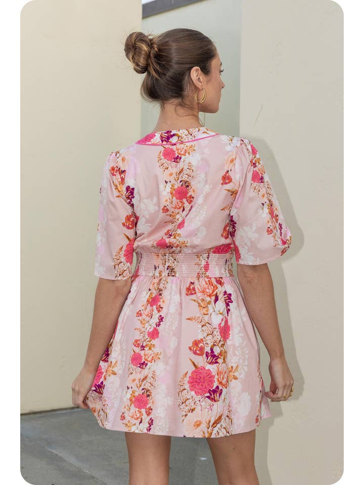 Romantic Floral Print Contrast Piping Mini Dress - Pink Multi