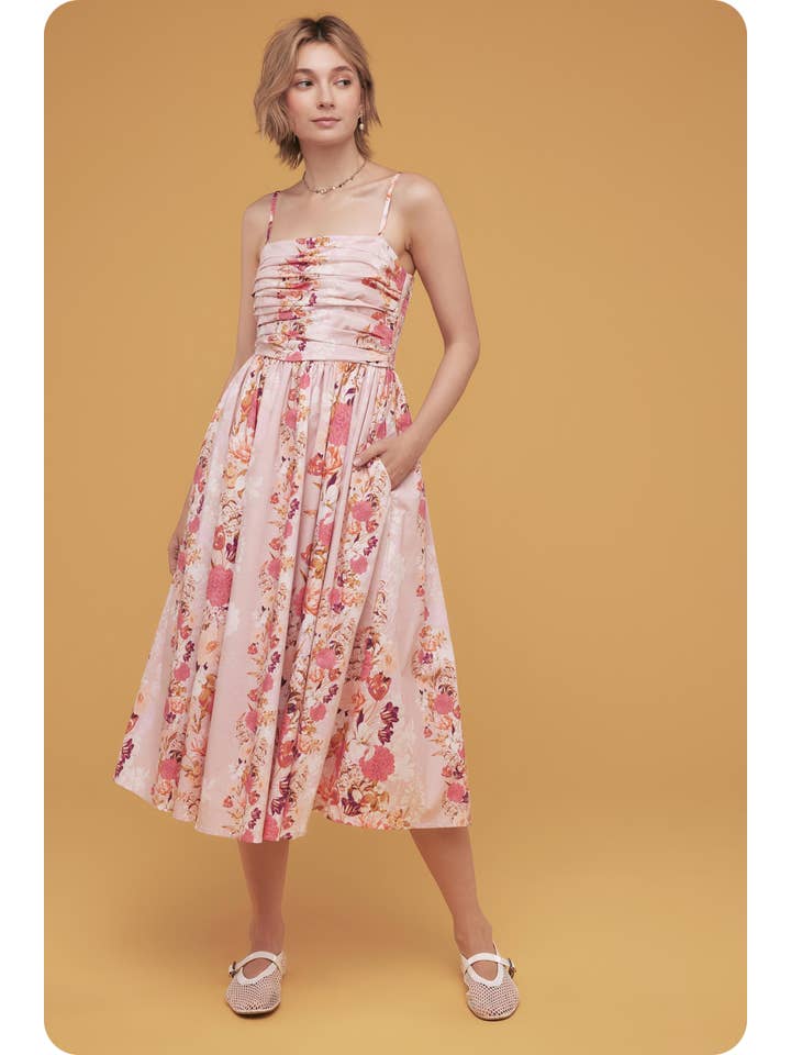 Romantic Floral Print Ruched Pleating Midi Dress - Pink Multi