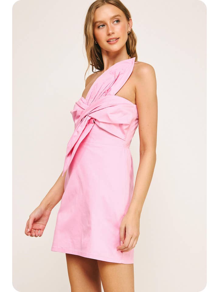 Knotted Flower Bow Mini Dress - Pink Lilac